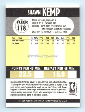 1990 Fleer #178 Shawn Kemp Seattle SuperSonics Rookie Card