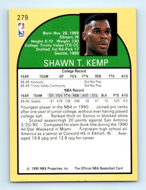 1990 Hoops #279 Shawn Kemp Seattle SuperSonics Rookie Card