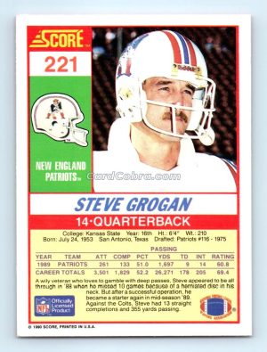 1990 Score #221 Steve Grogan New England Patriots