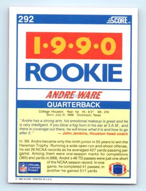 1990 Score #292 Andre Ware Houston Cougars Rookie Card