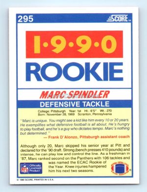 1990 Score #295 Marc Spindler Pittsburgh Panthers Rookie Card