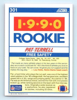 1990 Score #301 Pat Terrell Notre Dame Fighting Irish Rookie Card