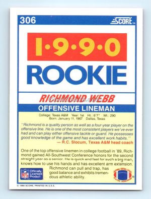 1990 Score #306 Richmond Webb Texas A&M Aggies Rookie Card