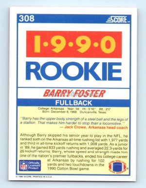 1990 Score #308 Barry Foster Arkansas Razorbacks Rookie Card