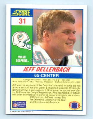 1990 Score #31 Jeff Dellenbach Miami Dolphins Rookie Card