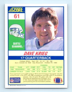 1990 Score #61 Dave Krieg Seattle Seahawks