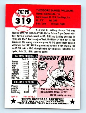 1991 Topps Archives 1953 #319 Ted Williams Boston Red Sox