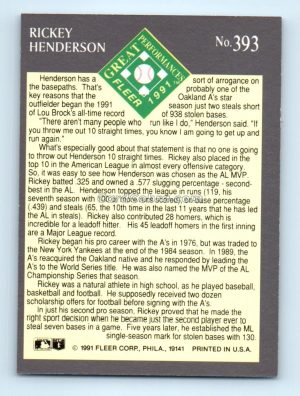 1991 Ultra #393 Rickey Henderson Oakland Athletics