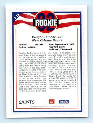 1992 All World Legends/Rookies #L-18 Vaughn Dunbar Gold New Orleans Saints