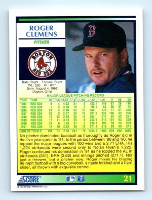 1992 Score #21 Roger Clemens Boston Red Sox