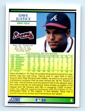 1992 Score #4 Dave Justice Atlanta Braves Rookie Card