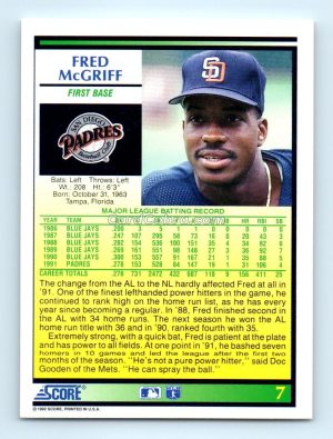 1992 Score #7 Fred McGriff San Diego Padres