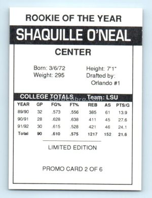 1992 Shaq Attack #2 Shaquille O'Neal /25000 Promo LSU Tigers