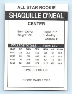 1992 Shaq Attack #3 Shaquille O'Neal /25000 Promo Orlando Magic