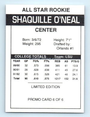 1992 Shaq Attack #6 Shaquille O'Neal /25000 Promo Orlando Magic