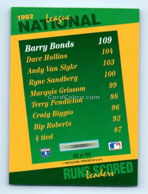 1993 Score Select Stat Leaders #40 Barry Bonds Pittsburgh Pirates