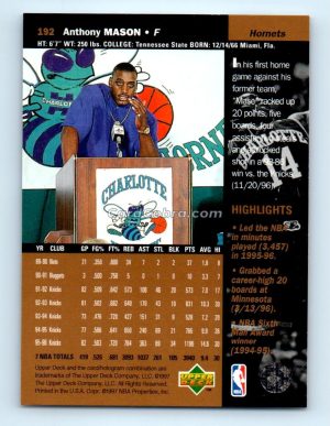 1996 Upper Deck #192 Anthony Mason Charlotte Hornets