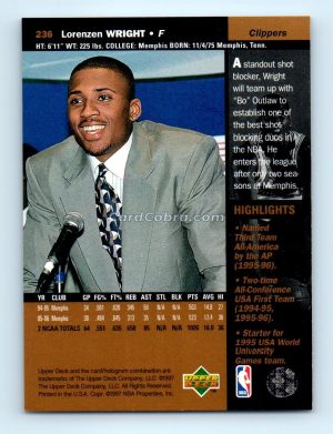 1996 Upper Deck #236 Lorenzen Wright Los Angeles Clippers Rookie Card