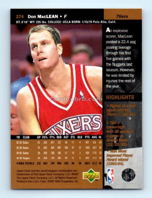 1996 Upper Deck #274 Don MacLean Philadelphia 76ers