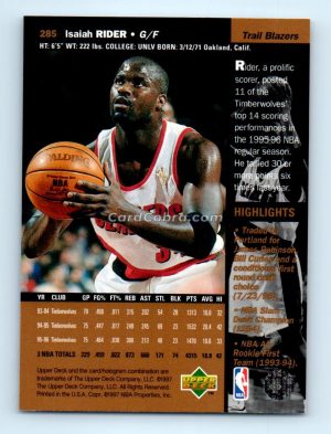 1996 Upper Deck #285 Isaiah Rider Portland Trail Blazers