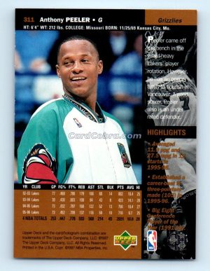 1996 Upper Deck #311 Anthony Peeler Vancouver Grizzlies