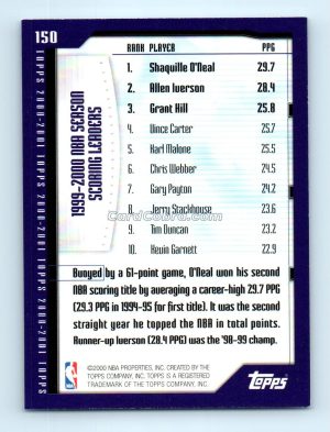 2000 Topps #150 Shaquille O'Neal/Allen Iverson/Grant Hill Los Angeles Lakers/Philadelphia 76ers/Detroit Pistons