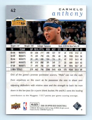 2008 Upper Deck #42 Carmelo Anthony Denver Nuggets