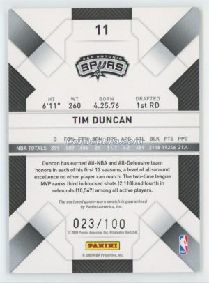 2009 Panini Threads Jerseys #11 Tim Duncan /100 Patch San Antonio Spurs