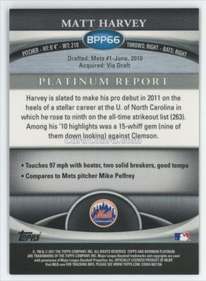 2011 Bowman Platinum Prospects #BPP66 Matt Harvey /599 Green New York Mets