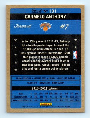 2012 Panini #101 Carmelo Anthony New York Knicks