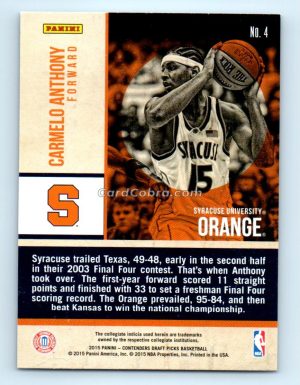 2015 Panini Contenders Draft Picks Old School Colors #4 Carmelo Anthony Syracuse Orange