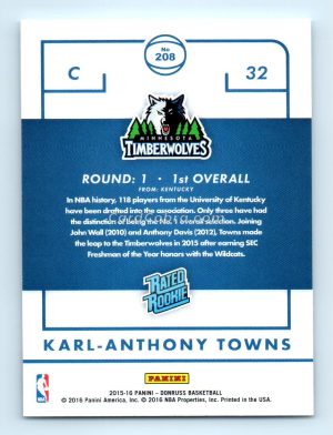 2015 Panini Donruss #208 Karl-Anthony Towns Minnesota Timberwolves Rookie Card