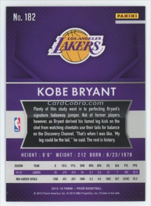 2015 Panini Prizm #182 Kobe Bryant Los Angeles Lakers