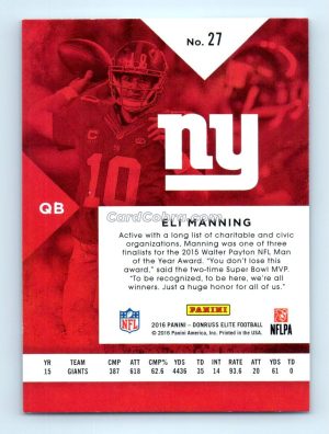 2016 Panini Donruss Elite #27 Eli Manning New York Giants