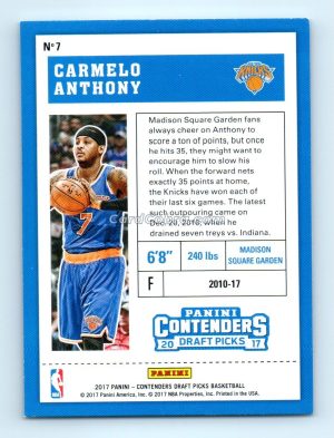 2017 Panini Contenders Draft Picks #7B Carmelo Anthony New York Knicks