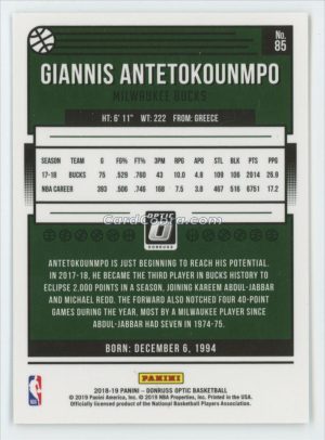 2018 Donruss Optic #85 Giannis Antetokounmpo Milwaukee Bucks