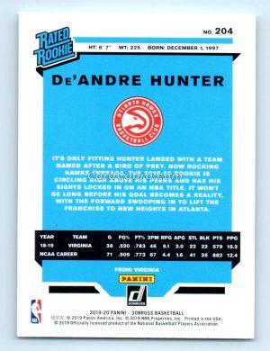 2019 Donruss #204 De'Andre Hunter Atlanta Hawks Rookie Card