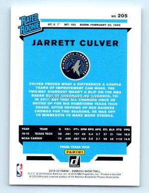 2019 Donruss #205 Jarrett Culver Minnesota Timberwolves Rookie Card