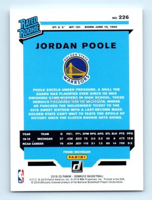 2019 Donruss #226 Jordan Poole Golden State Warriors Rookie Card