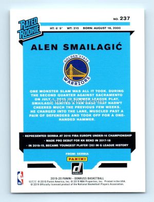 2019 Donruss #237 Alen Smailagic Golden State Warriors Rookie Card