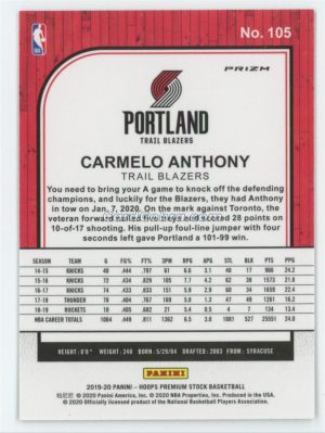 2019 Hoops Premium Stock #105 Carmelo Anthony Silver Lazer Portland Trail Blazers