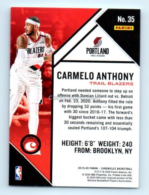 2019 Panini Chronicles #35 Carmelo Anthony Portland Trail Blazers