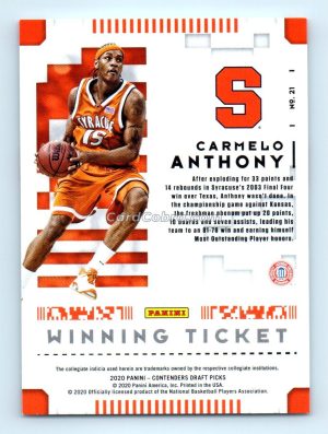 2019 Panini Contenders Draft Picks #21 Carmelo Anthony Syracuse Orange