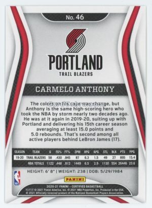 2020 Panini Certified #46 Carmelo Anthony Portland Trail Blazers