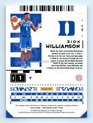 2020 Panini Contenders Draft Picks #13 Zion Williamson Duke