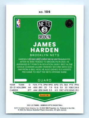 2021 Donruss Optic #106 James Harden Brooklyn Nets