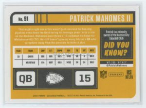 2021 Panini Classics Premium Edition Silver Holo #91 Patrick Mahomes II Kansas City Chiefs