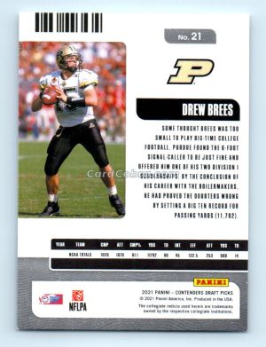 2021 Panini Contenders Draft Picks #21 Drew Brees Purdue Boilermakers