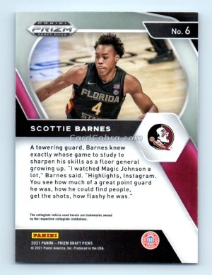 2021 Panini Prizm Draft Picks #6 Scottie Barnes Toronto Raptors Rookie Card