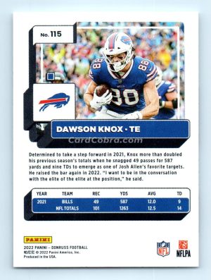 2022 Donruss #115 Dawson Knox Buffalo Bills